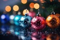 Three christmas ornaments hanging from a christmas tree created with generative AI technology Royalty Free Stock Photo