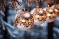 three christmas ornaments hanging from a tree Royalty Free Stock Photo