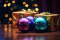 three christmas ornaments sitting on a table with a christmas tree in the background Royalty Free Stock Photo