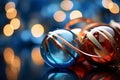 three christmas ornaments on a table with bokeh lights Royalty Free Stock Photo