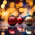 three christmas ornaments on a table in front of a blurred background Royalty Free Stock Photo