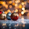 three christmas ornaments on a table in front of a blurred background Royalty Free Stock Photo