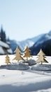 Three Christmas trees in the snow against the background of a mountain landscape Royalty Free Stock Photo