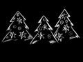 Three Christmas trees with snowmobile and white stars on a black background