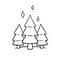 Three Christmas trees stand under the starry sky. Night forest. Doodle sketch isolated on white background. Hand drawn vector Royalty Free Stock Photo