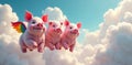 Three chubby pigs with rainbow wings float amidst fluffy clouds , graphic, wonder, winged pig Royalty Free Stock Photo