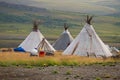 Three chums. Summer camp of nomadic reindeer herders in the Polar Urals