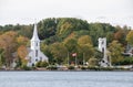 The famous three churches of Mahone Bay near to Lunenburg. Taken in Mahone Bay, Canada, 10.2022