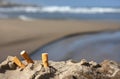 Three cigarette butts on beach Royalty Free Stock Photo