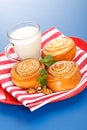 Three cinnamon rolls and jug of milk on red plate Royalty Free Stock Photo