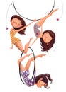 Three air gymnasts cartoon girls with hoop