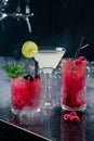 Three tropical mixed drinks in bar with space for copy Royalty Free Stock Photo