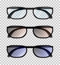 Three classic realistic man or woman glasses isolated on the transparent background. Frontal view with bows. Vector