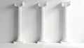 Three classic white columns stand against a simple white background. Architectural design presents elegance and structure. Royalty Free Stock Photo