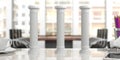 Three classical pillars on an office desk, blur background. 3d illustration