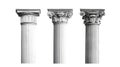 Three classical white columns with fluted design and ornate capitals, against a neutral background.