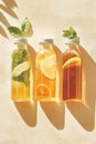 Three clear glass bottles with refreshing citrus drinks and fresh mint leaves, casting long shadows on a textured beige surface. Royalty Free Stock Photo