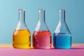 Three Flasks Filled With Different Colored Liquids. Generative AI Royalty Free Stock Photo