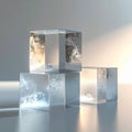 Three Clear Ice Cubes With Frozen Water Particles Stacked On A Reflective Surface With Warm Lighting Royalty Free Stock Photo
