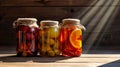 Three clear jars filled with various types of liquid, showcasing canned fruits and vegetables preserved for consumption