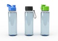 Three clear reusable water bottles with different colored caps and a strap isolated on white background Royalty Free Stock Photo