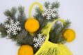 Three clementines in yellow eco string shopping bag with Christmas tree branch and snowflakes on white background with copying