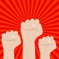 Three clenched fists raised in protest. Retro style poster. Protest, strength, freedom, revolution, rebel, revolt concept. Vector