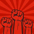 Three clenched fists on red grunge background with sun rays. Vector.