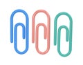 Three clips 3d icon school. Volumetric tool for paper and documents. Blue, pink and green sturdy holder for attaching