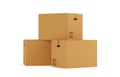 Three closed, brown cardboard moving storage boxes over white background, moving day concept