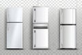 Three closed refrigerators with freezer compartments standing on transparent background Royalty Free Stock Photo