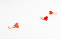 Three cloth pin with heart. Space for text. Valentine`s Day. Love concept