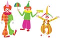 Three clown characters walking funny with umbrella and speaking tube