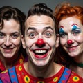 Three clown masks showing different expressions three grimacing one smiling