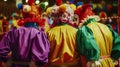 Three clowns backs turned to the camera huddle together in anticipation at the edge of the ring brightly colored outfits