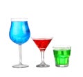 Three cocktail red blue and green isolated on white