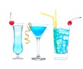 Three cocktails with alcohol margarita cocktail martini blue haw Royalty Free Stock Photo