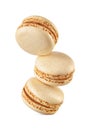 Three yellow macarons isolated on white background. Sweet levitated meringue-based confection Royalty Free Stock Photo