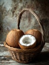 Three coconuts in a basket with one of them open Royalty Free Stock Photo
