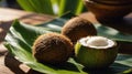 Ripe Organic Coconuts on Tropical Leaf, Sunlit Still Life Royalty Free Stock Photo