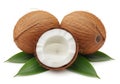 Three coconuts, one cut open Royalty Free Stock Photo
