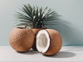 Three coconuts with one of them cut open Royalty Free Stock Photo