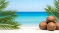 Three coconuts resting on a sandy beach with palm trees and a blue ocean in the background Royalty Free Stock Photo