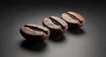 Three Coffee Beans Dark Brown Close Up on Smooth Surface Royalty Free Stock Photo