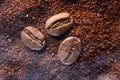 Three coffee beans lie on ground coffee close-up. Royalty Free Stock Photo