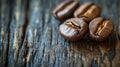 Three Coffee Beans on Wooden Surface
