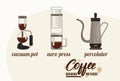 Three coffee brewing methods bundle Royalty Free Stock Photo