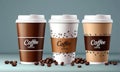 Three Coffee Cups with Beans on Light Blue Surface Royalty Free Stock Photo