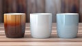 Three coffee cups sitting on top of a wooden table, AI