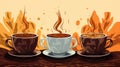 three coffee cups with steaming hot coffee on an orange background